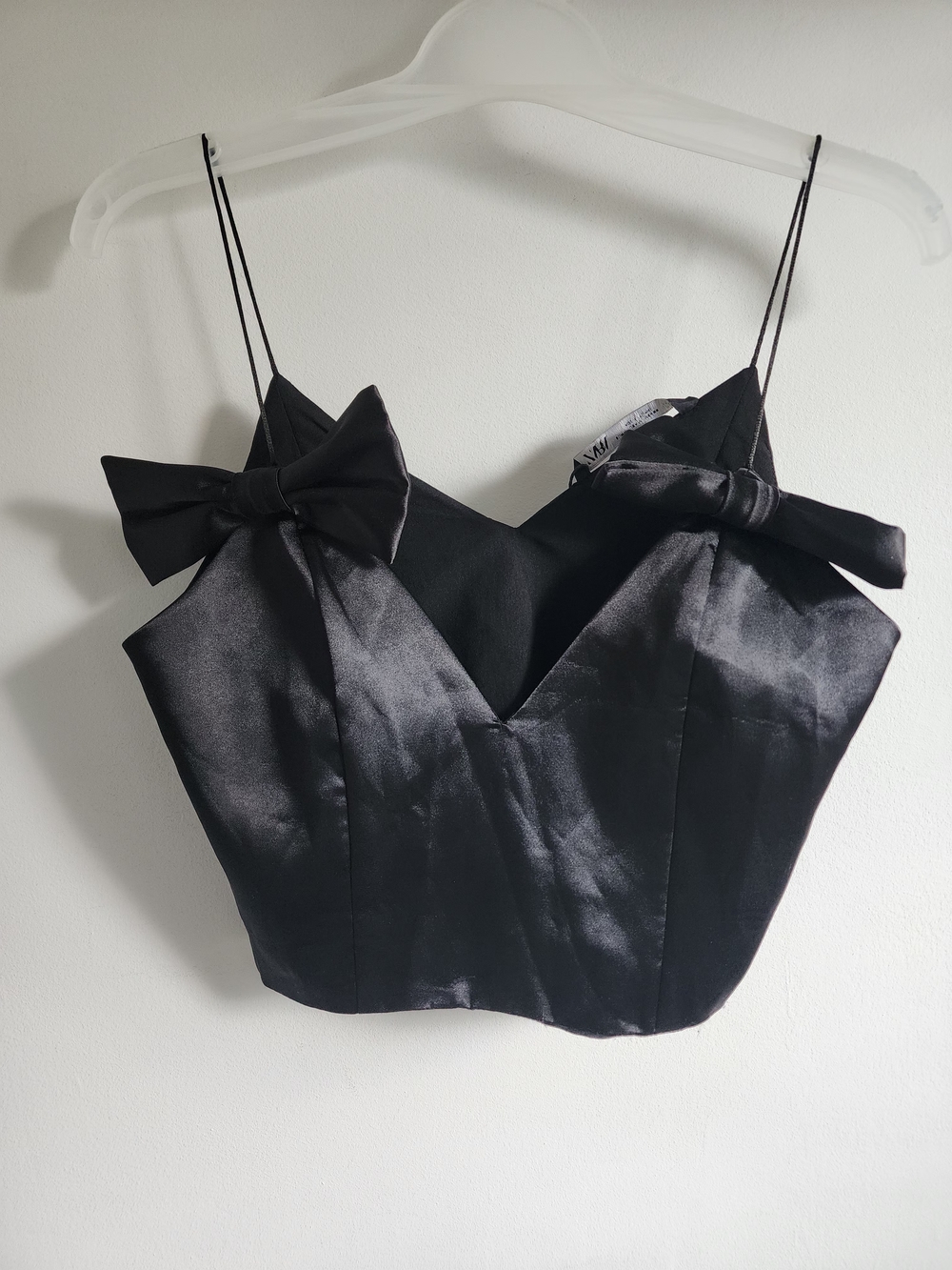 Zara Black Satin Bow-Trim Cropped Cami